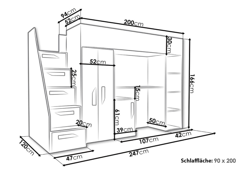 Hochbett mit Schreibtisch & Schrank Paris 4 weiß-rosa