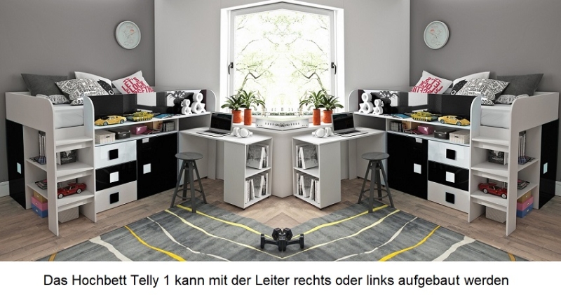 Hochbett mit Schreibtisch Telly 1 weiß-schwarz