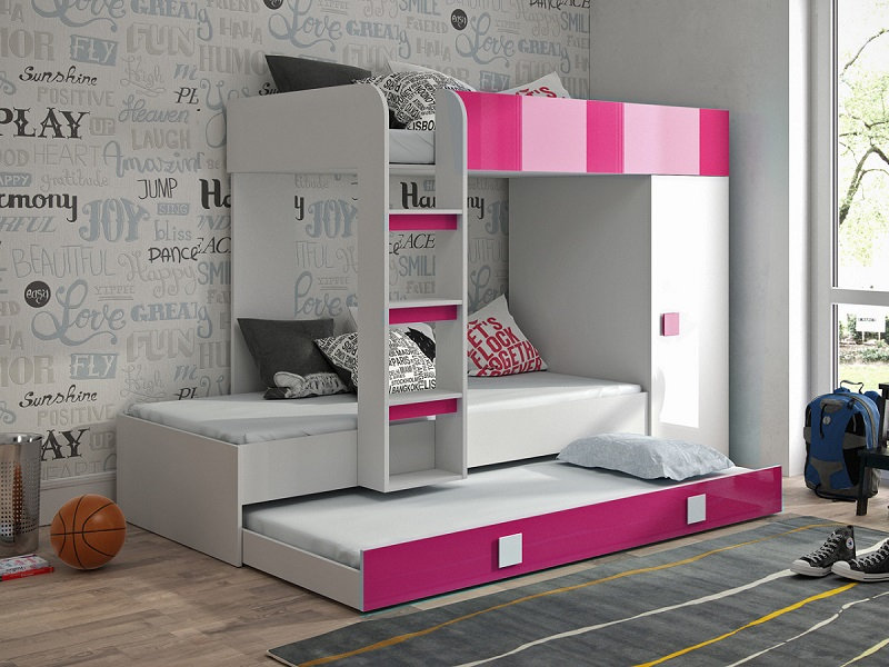 Hochbett mit Schrank Telly 2 wei-rosa hochglanz