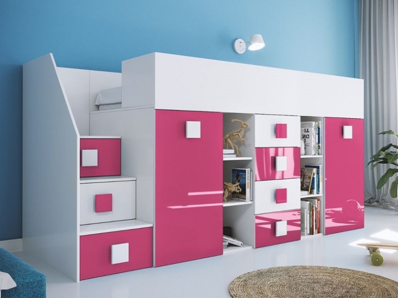 Hochbett mit Schreibtisch Telly 3 weiß-rosa