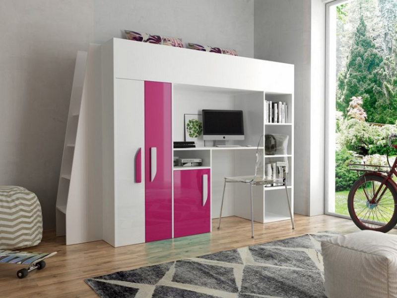 Hochbett mit Schreibtisch & Schrank Paris 5 wei-rosa