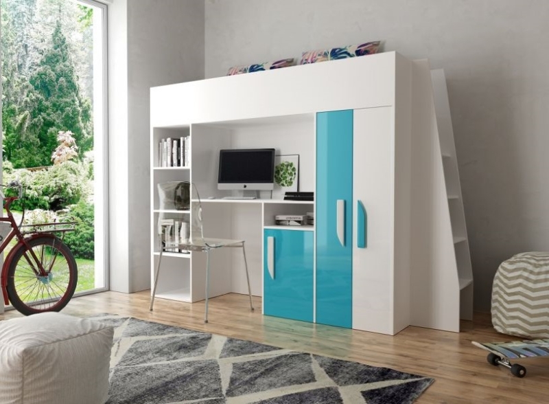 Hochbett mit Schreibtisch & Schrank Paris 5 weiß-türkis