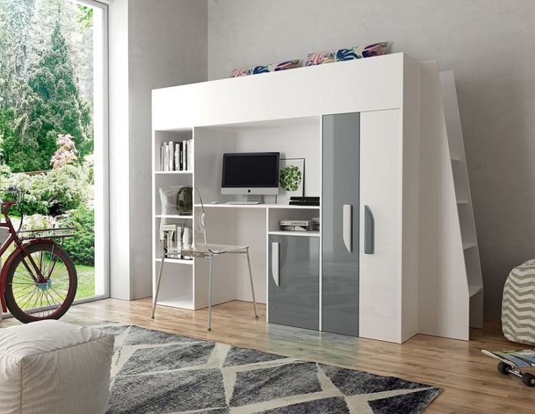 Hochbett mit Schreibtisch & Schrank Paris 5 weiß-grau