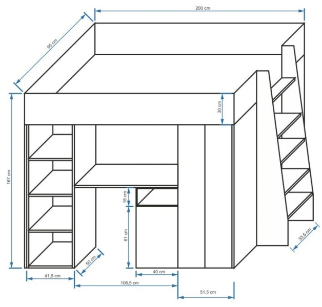 Hochbett mit Schreibtisch & Schrank Paris 5 weiß-grau