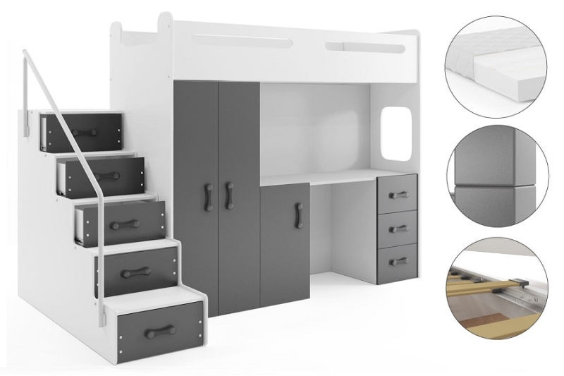 Hochbett Roxy 4 mit Schreibtisch & Schrank weiß
