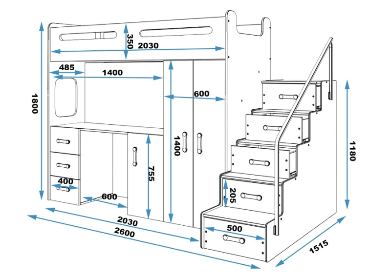 Hochbett Roxy 4 mit Schreibtisch & Schrank weiß