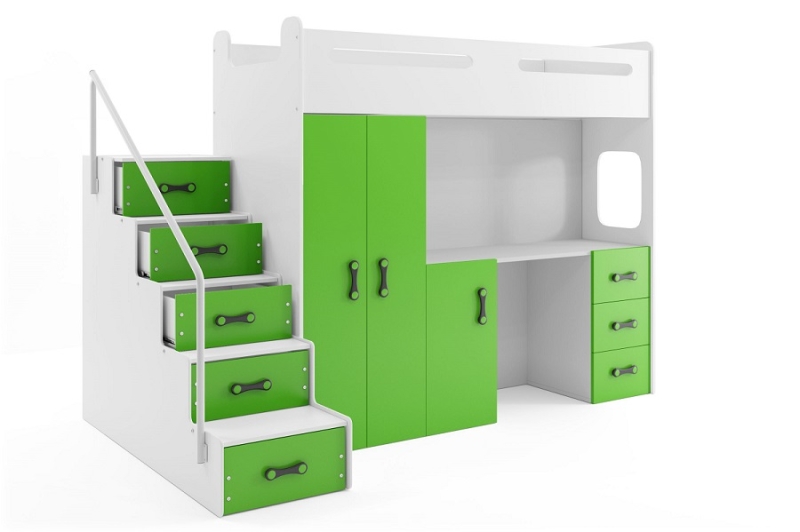 Hochbett Roxy 4 mit Schreibtisch & Schrank Grün-Weiß