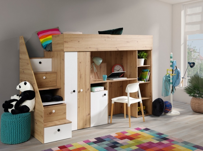 Hochbett mit Schreibtisch & Schrank Sam 14 eiche-wei