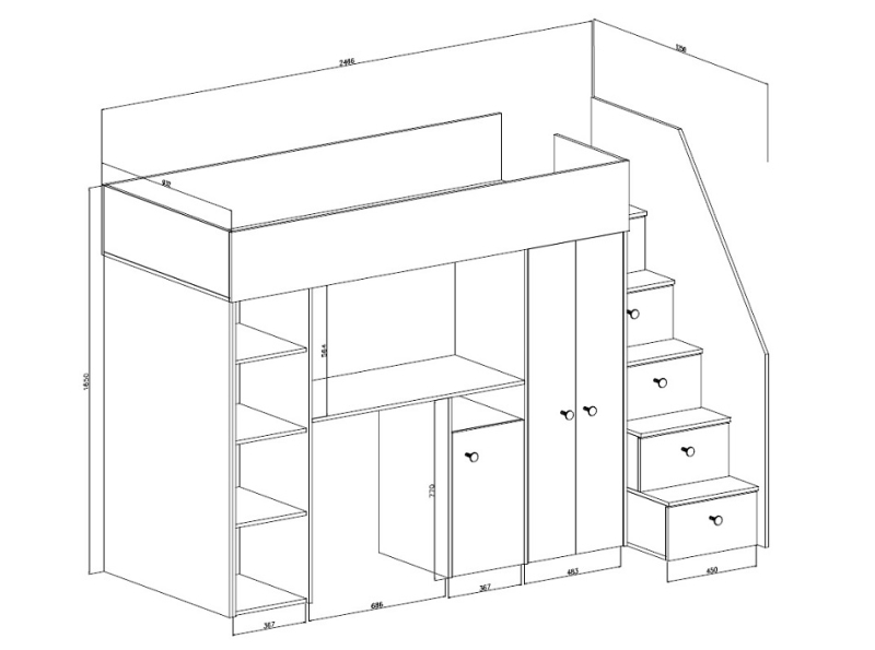 Hochbett mit Schreibtisch & Schrank Sam 14 eiche-weiß