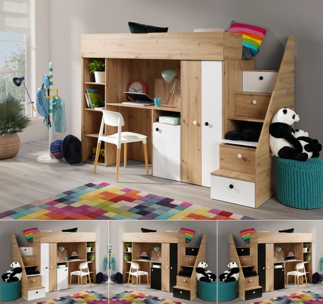 Hochbett mit Schreibtisch & Schrank Sam 14 eiche-weiß