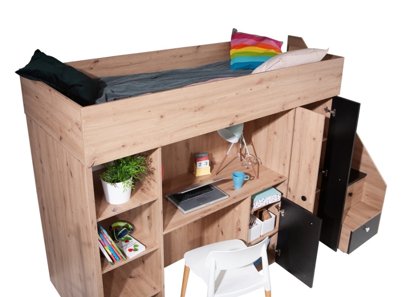 Hochbett mit Schreibtisch & Schrank Sam 14 eiche-weiß