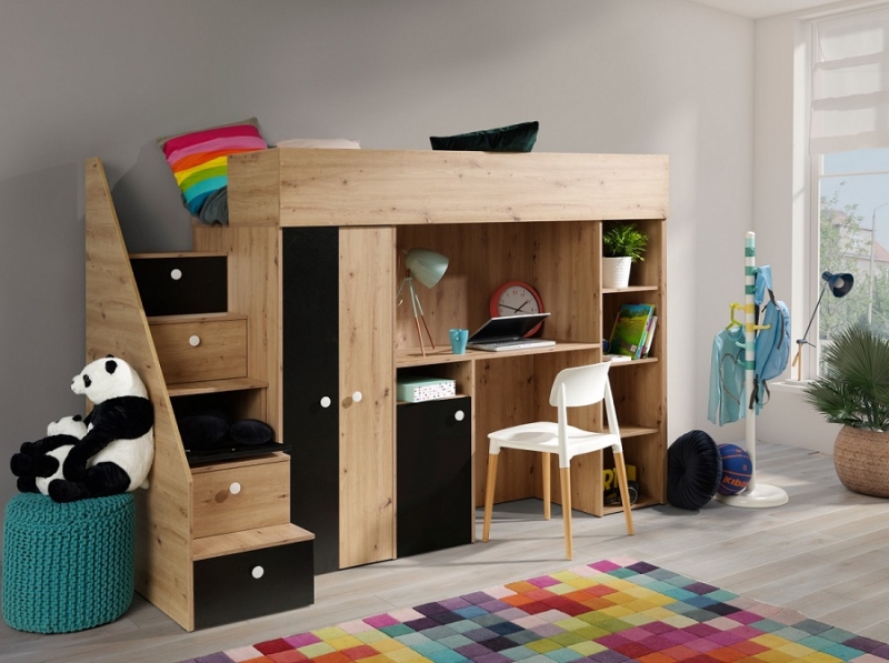 Hochbett mit Schreibtisch & Schrank Sam 14 eiche-schwarz