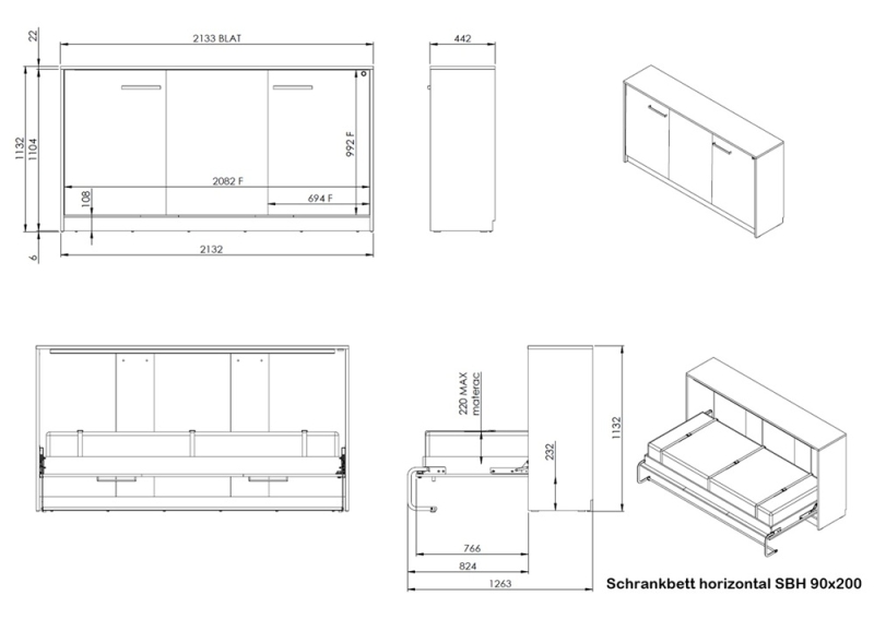Schrankbett horizontal SBH90 mit Aufsatz und 2 Schränken
