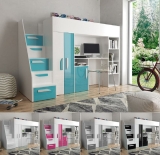 Hochbett mit Schreibtisch & Schrank Paris 4 weiß-türkis