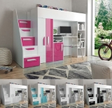 Hochbett mit Schreibtisch & Schrank Paris 4 weiß-rosa