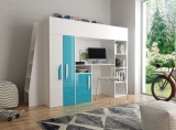 Hochbett mit Schreibtisch & Schrank Paris 5 weiß-türkis