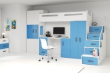 Hochbett Roxy 4 mit Schreibtisch & Schrank Blau-Weiß