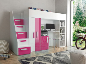 Hochbett mit Schreibtisch & Schrank Paris 4 wei-rosa