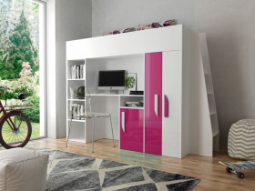 Hochbett mit Schreibtisch & Schrank Paris 5 wei-rosa