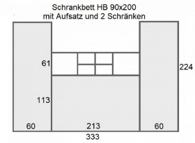 Schrankbett horizontal HB 90x200 mit Aufsatz und 2 Schrnken