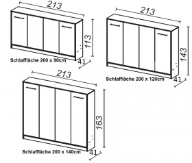 Schrankbett horizontal HB 90x200 mit Aufsatz und 2 Schrnken