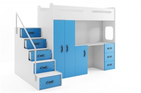 Hochbett Roxy 4 mit Schreibtisch & Schrank Blau-Wei