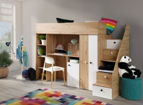 Hochbett mit Schreibtisch & Schrank Sam 14 eiche-wei