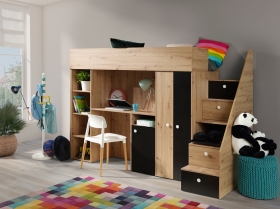 Hochbett mit Schreibtisch & Schrank Sam 14 eiche-schwarz