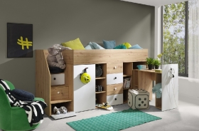 Hochbett mit Schreibtisch & Schrank Sam 3 eiche-wei