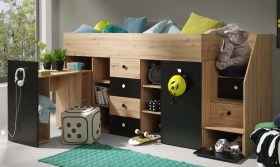 Hochbett mit Schreibtisch & Schrank Sam 3 eiche-schwarz