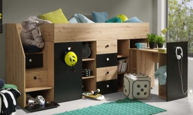 Hochbett mit Schreibtisch & Schrank Sam 3 eiche-schwarz